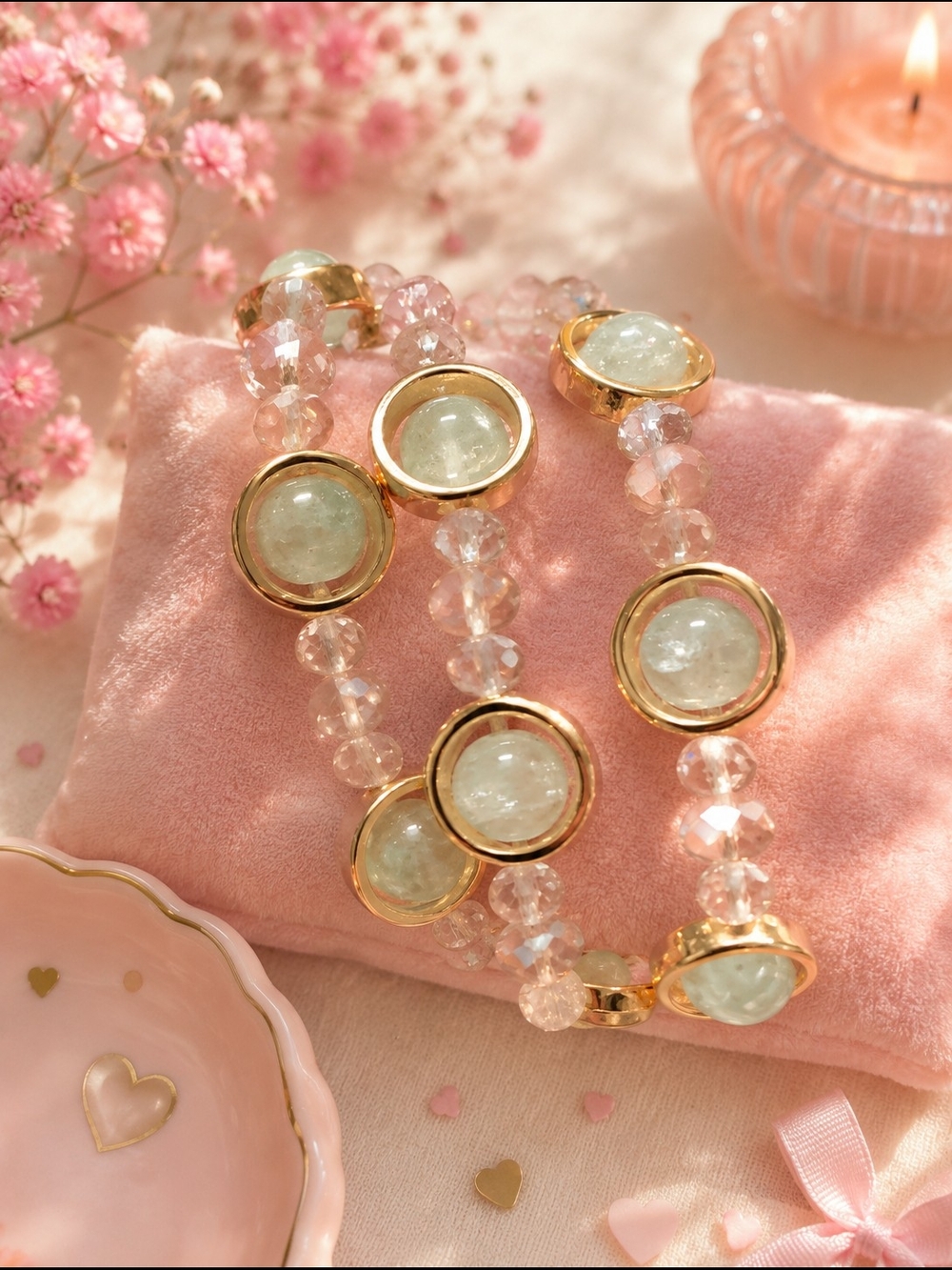 3 Glass Gold & Pale Green Beaded Stretch Bracelet - Women Jewelry